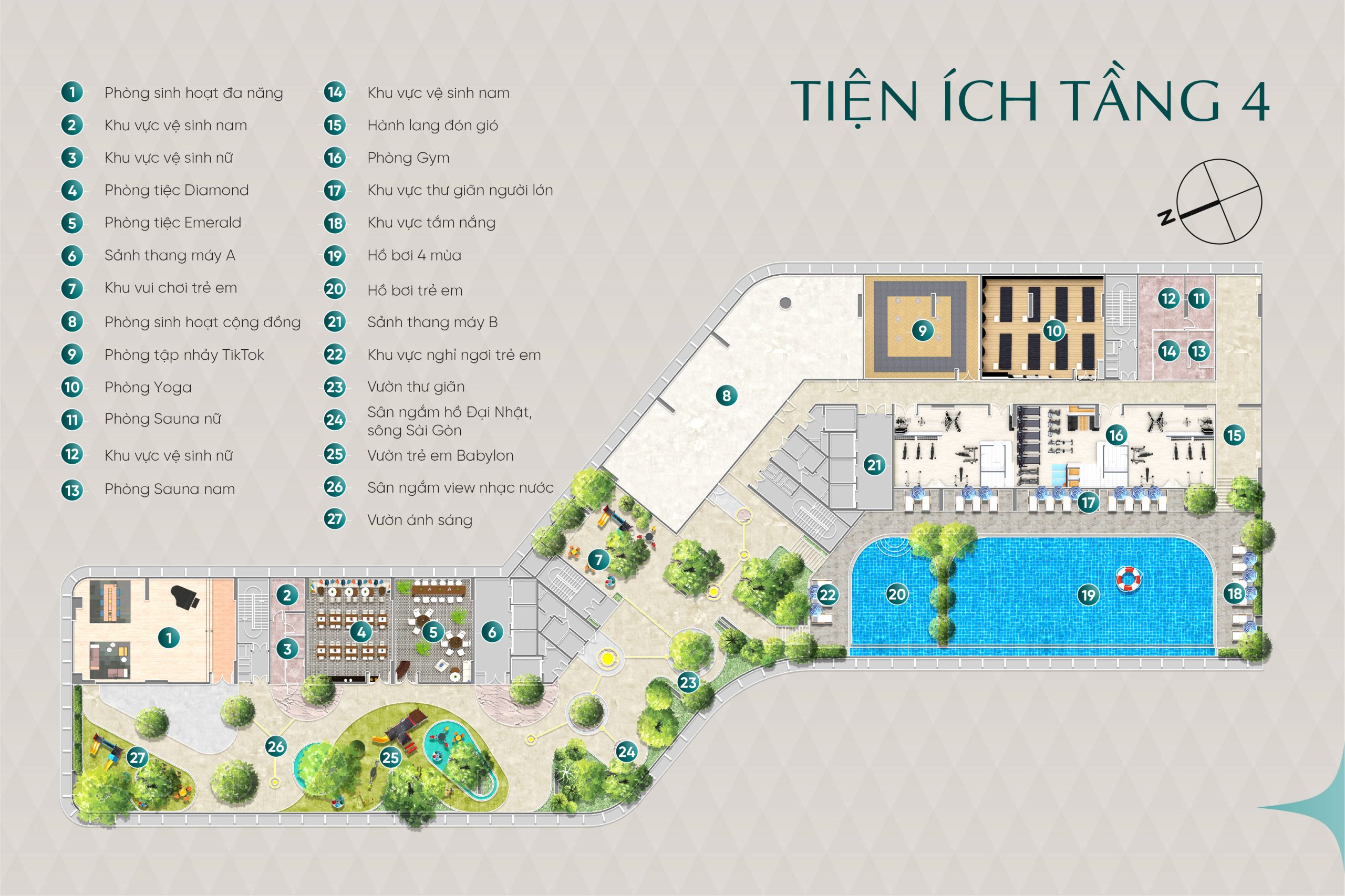 Mặt bằng tiện ích tầng 4 căn hộ Diamond Sky